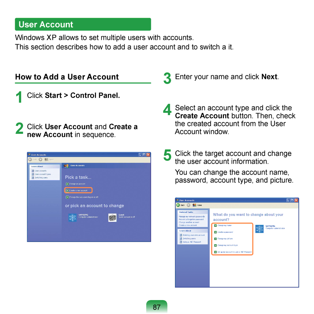 Samsung NP-N310-KA03SE, NP-R700-AS05DE, NP-R700A000/SEG, NP-R700-FS01DE, NP-R700-A001DE manual How to Add a User Account 