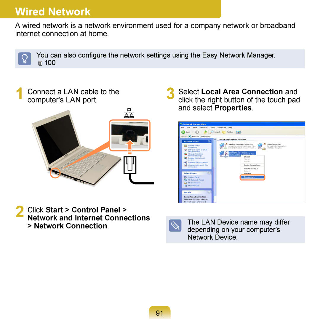 Samsung NP-N510-HAZ1SE, NP-R700-AS05DE, NP-R700A000/SEG manual Wired Network, Connect a LAN cable to the computer’s LAN port 