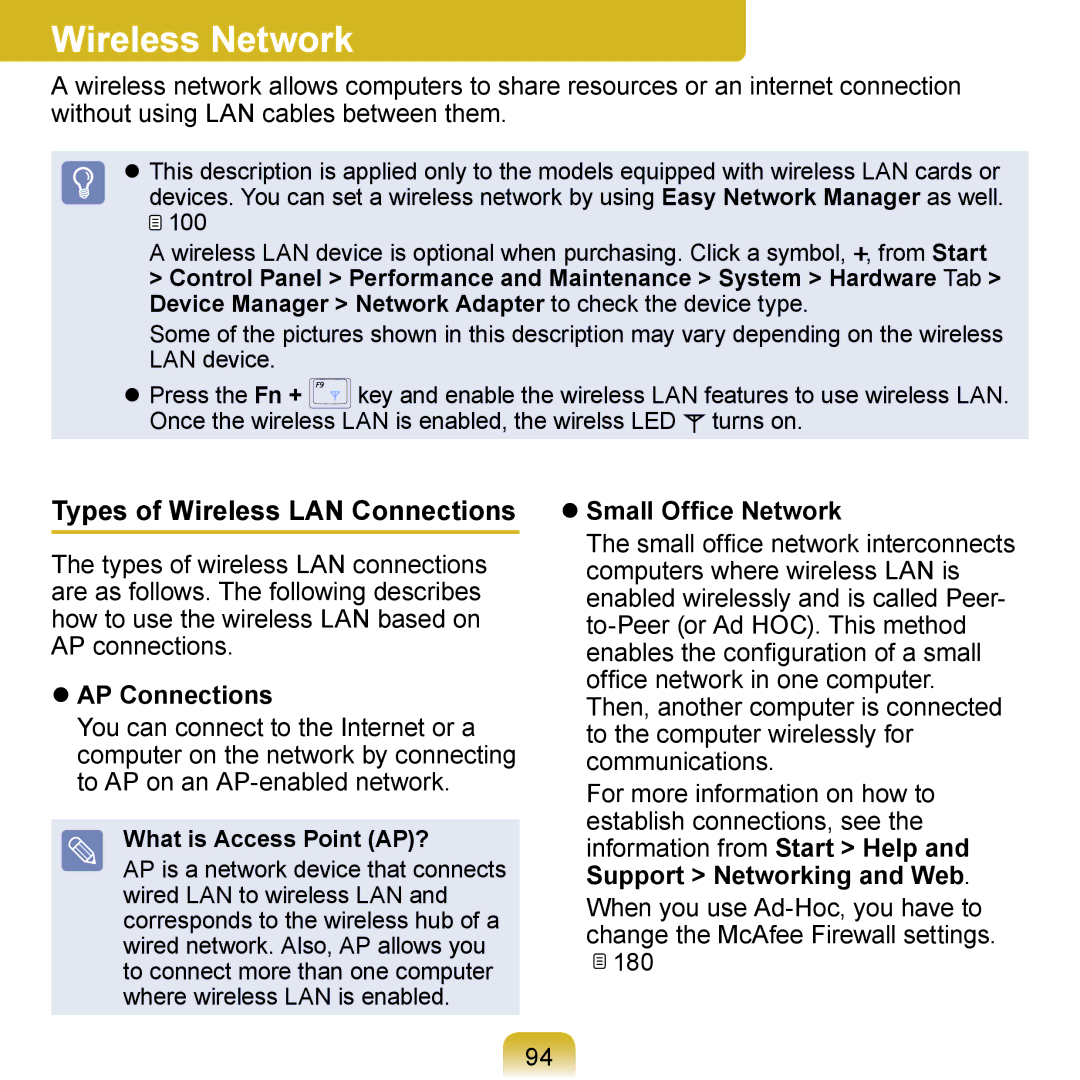 Samsung NP-R700-AAA0RU manual Wireless Network, Types of Wireless LAN Connections,  AP Connections,  Small Office Network 