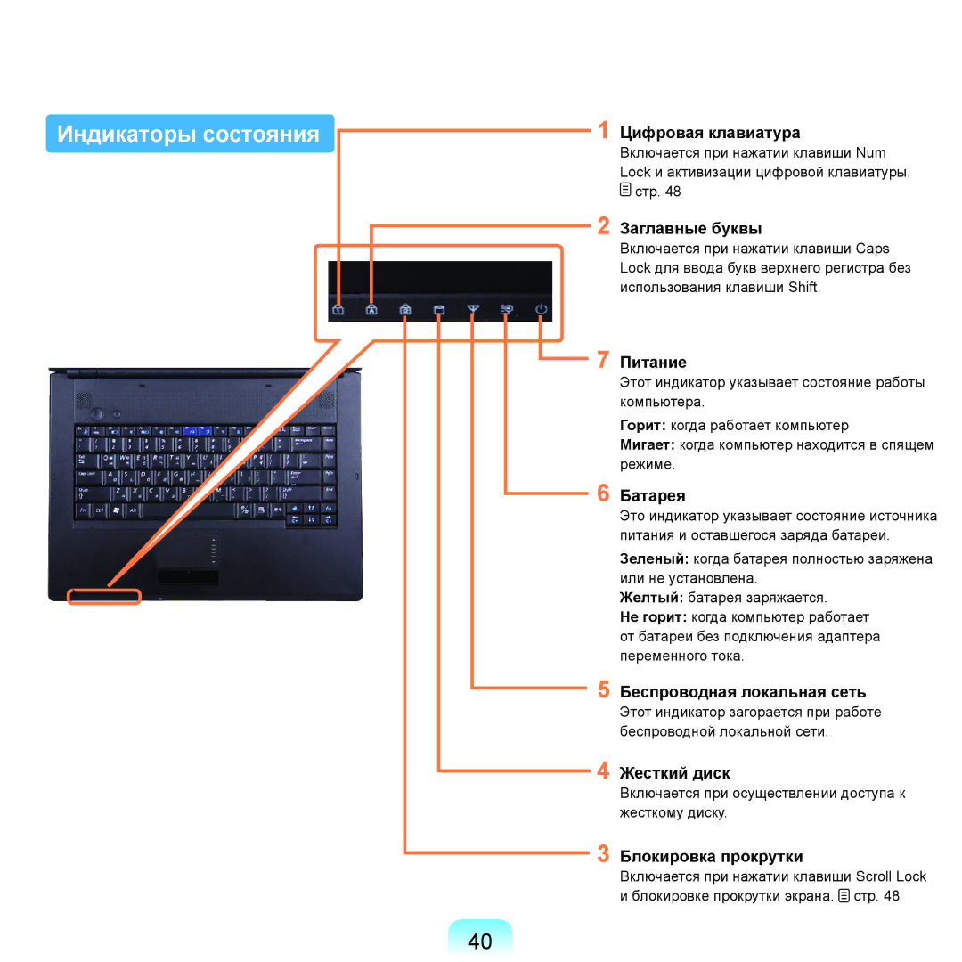 Samsung NP-R70A006/SER, NP-R70A001/SER, NP-R70A003/SER, NP-R70A002/SER, NP-R70A004/SER, NP-R70A008/SER Индикаторы состояния 