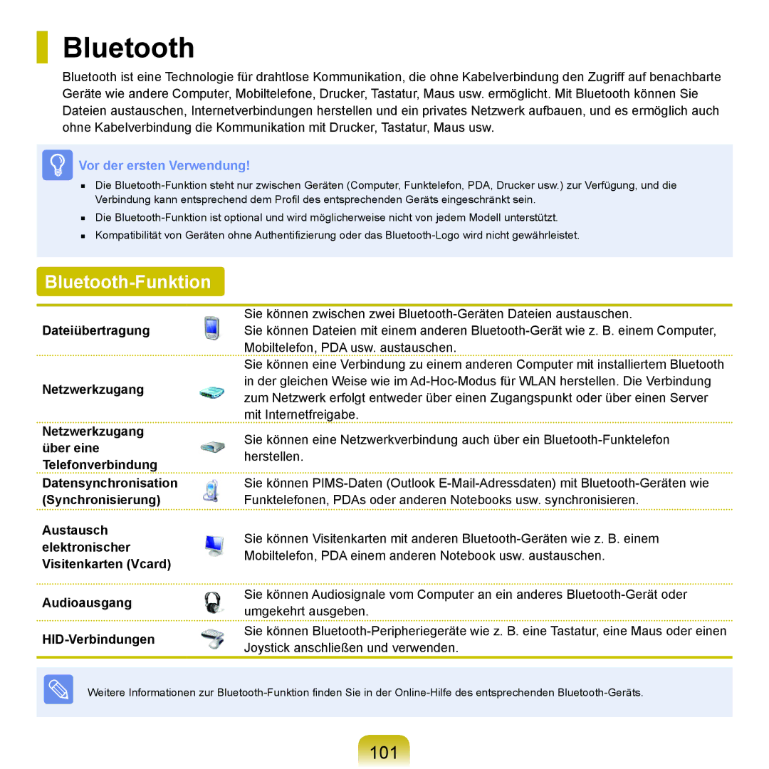 Samsung NP-R70A00A/SEG, NP-R70A004/SEG, NP-R70A00E/SEG, NP-R70A00D/SEG, NP-R70A008/SEG manual Bluetooth-Funktion, 101 