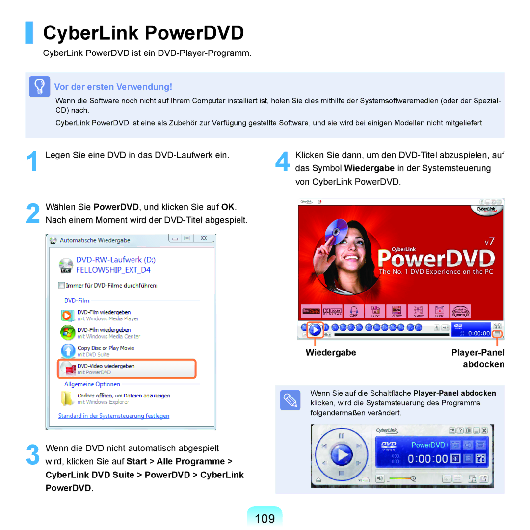 Samsung NP-R70A00C/SEG manual CyberLink PowerDVD, 109, Wiedergabe, Abdocken, CyberLink DVD Suite PowerDVD CyberLink 