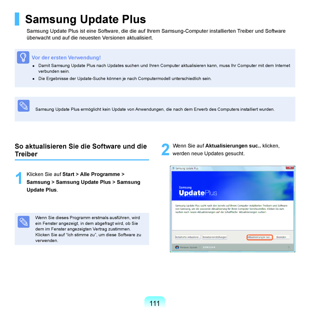 Samsung NP-R70A005/SEG, NP-R70A004/SEG manual Samsung Update Plus, 111, So aktualisieren Sie die Software und die Treiber 