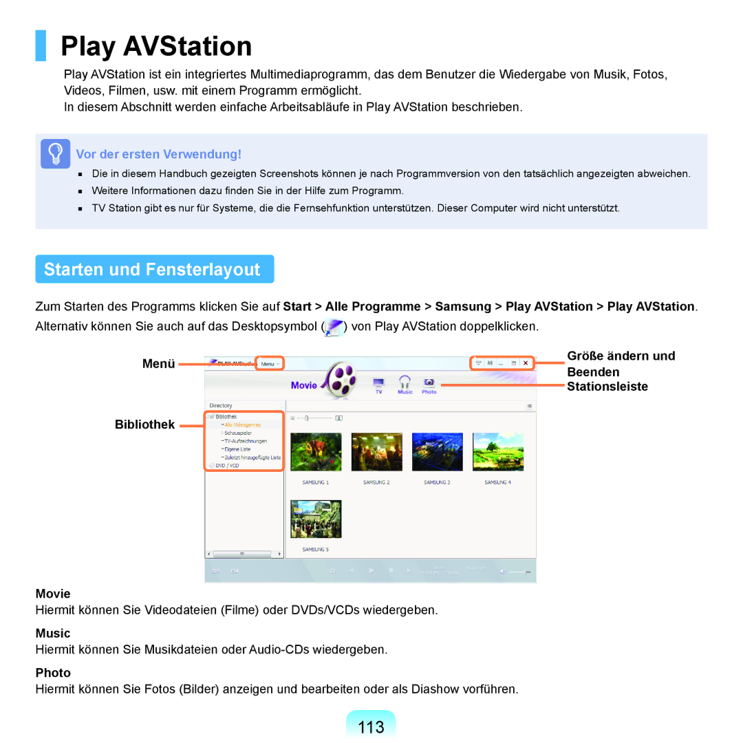 Samsung NP-R70A003/SEG, NP-R70A004/SEG, NP-R70A00E/SEG, NP-R70A00D/SEG manual Play AVStation, Starten und Fensterlayout, 113 