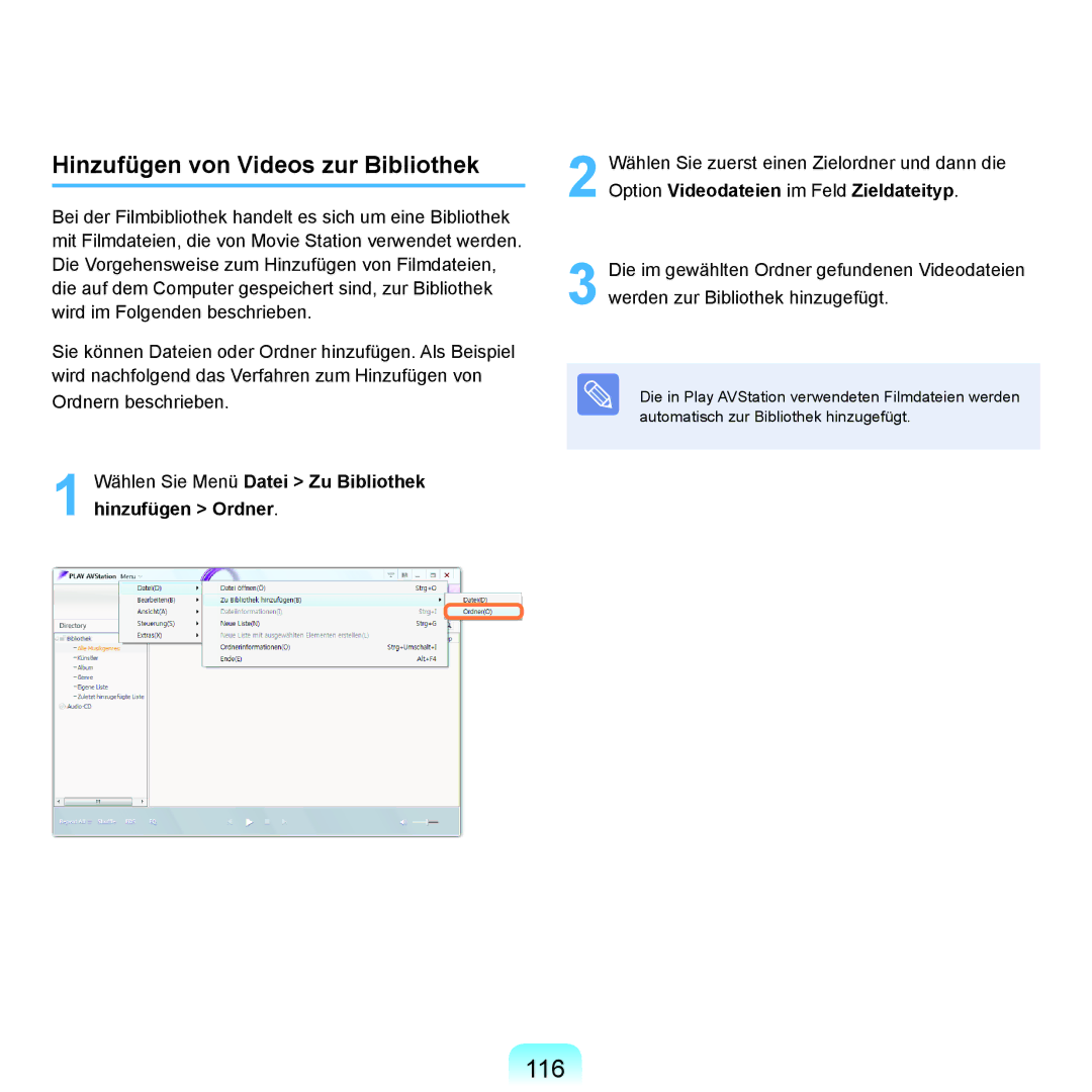 Samsung NP-R70A00A/SEG, NP-R70A004/SEG, NP-R70A00E/SEG, NP-R70A00D/SEG manual 116, Hinzufügen von Videos zur Bibliothek 