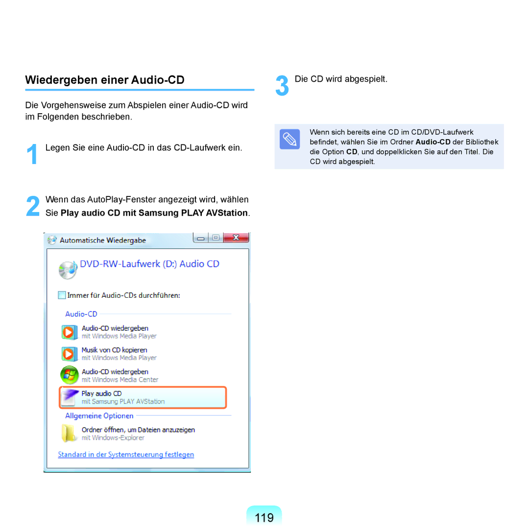 Samsung NP-R70A004/SEG, NP-R70A00E/SEG, NP-R70A00D/SEG, NP-R70A008/SEG, NP-R70A009/SEG manual 119, Wiedergeben einer Audio-CD 