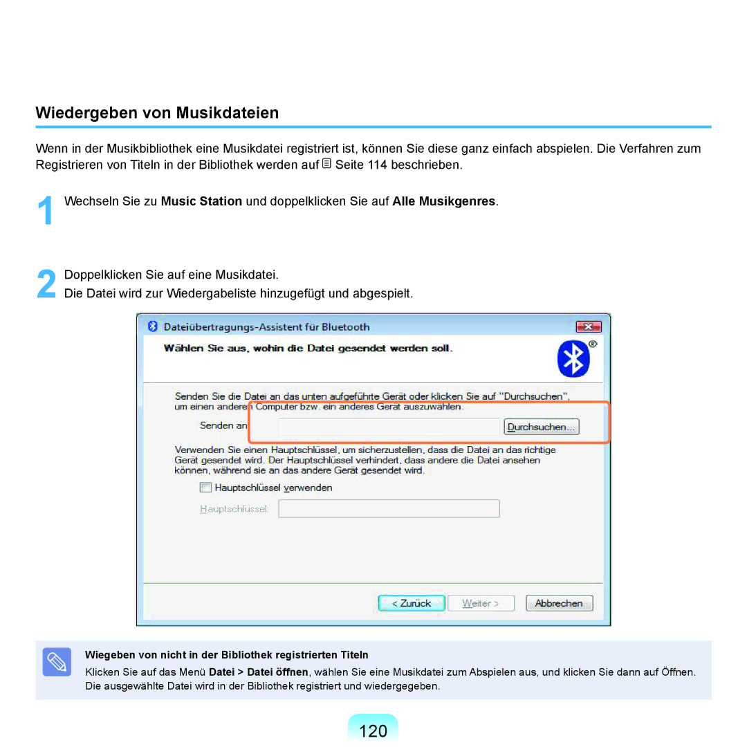 Samsung NP-R70A00E/SEG manual 120, Wiedergeben von Musikdateien, Wiegeben von nicht in der Bibliothek registrierten Titeln 