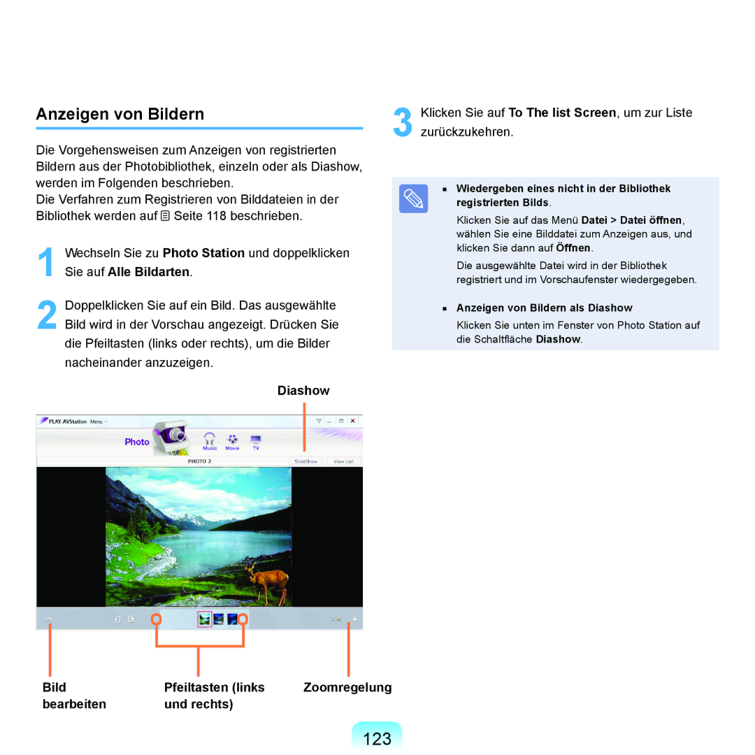 Samsung NP-R70A009/SEG manual 123, Anzeigen von Bildern, Bild Pfeiltasten links Zoomregelung Bearbeiten Und rechts 