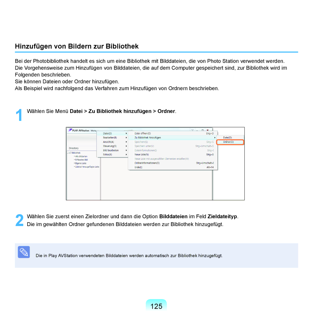 Samsung NP-R70A00B/SEG 125, Hinzufügen von Bildern zur Bibliothek, Wählen Sie Menü Datei Zu Bibliothek hinzufügen Ordner 