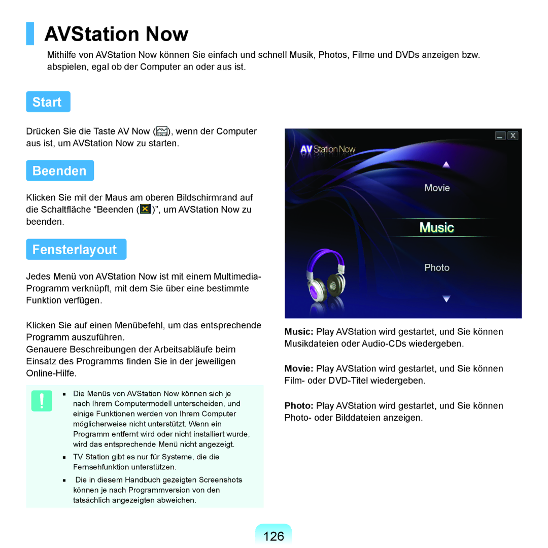 Samsung NP-R70A005/SEG, NP-R70A004/SEG, NP-R70A00E/SEG, NP-R70A00D/SEG AVStation Now, Start, Beenden, Fensterlayout, 126 