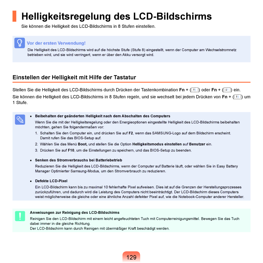 Samsung NP-R70A002/SEG Helligkeitsregelung des LCD-Bildschirms, 129, Einstellen der Helligkeit mit Hilfe der Tastatur 