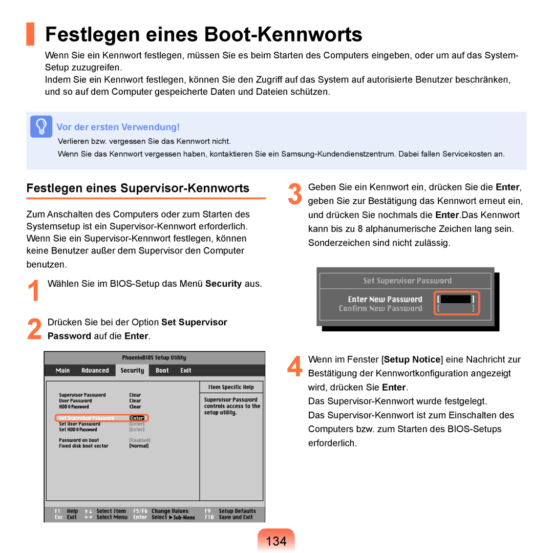 Samsung NP-R70A004/SEG, NP-R70A00E/SEG manual Festlegen eines Boot-Kennworts, 134, Festlegen eines Supervisor-Kennworts 