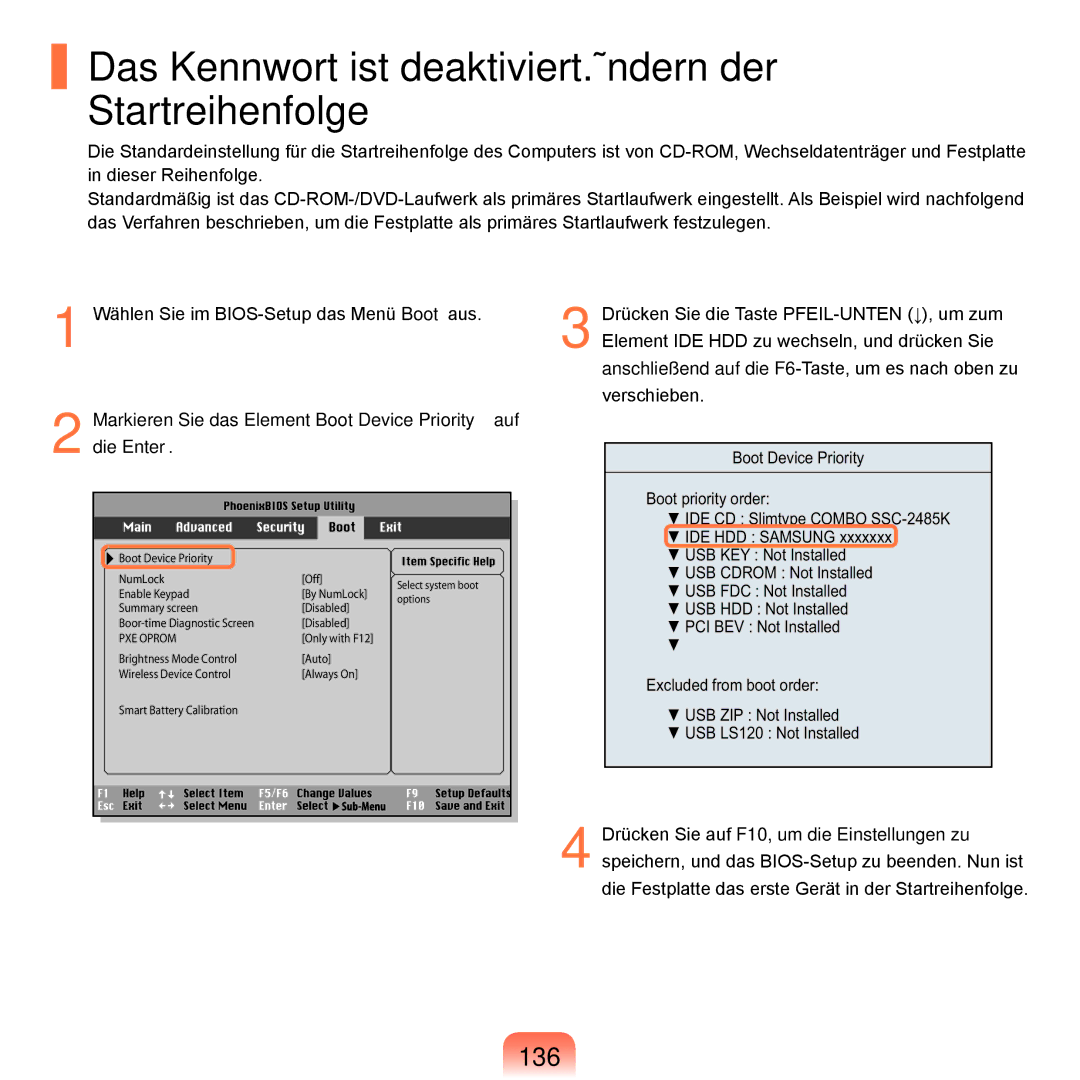 Samsung NP-R70A00D/SEG, NP-R70A004/SEG manual Das Kennwort ist deaktiviert.Ändern der Startreihenfolge, 136, Die Enter 