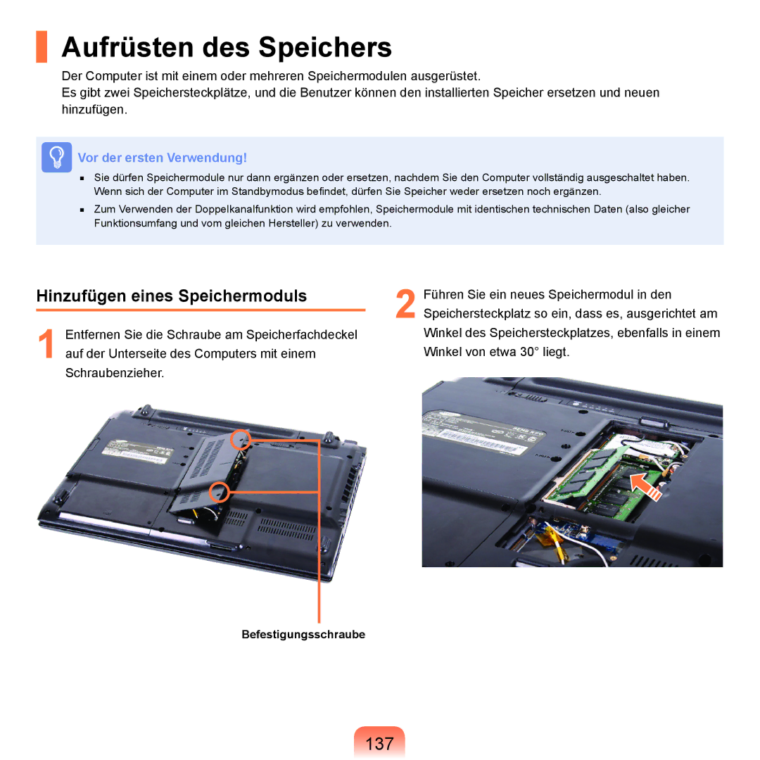 Samsung NP-R70A008/SEG, NP-R70A004/SEG, NP-R70A00E/SEG manual Aufrüsten des Speichers, 137, Hinzufügen eines Speichermoduls 