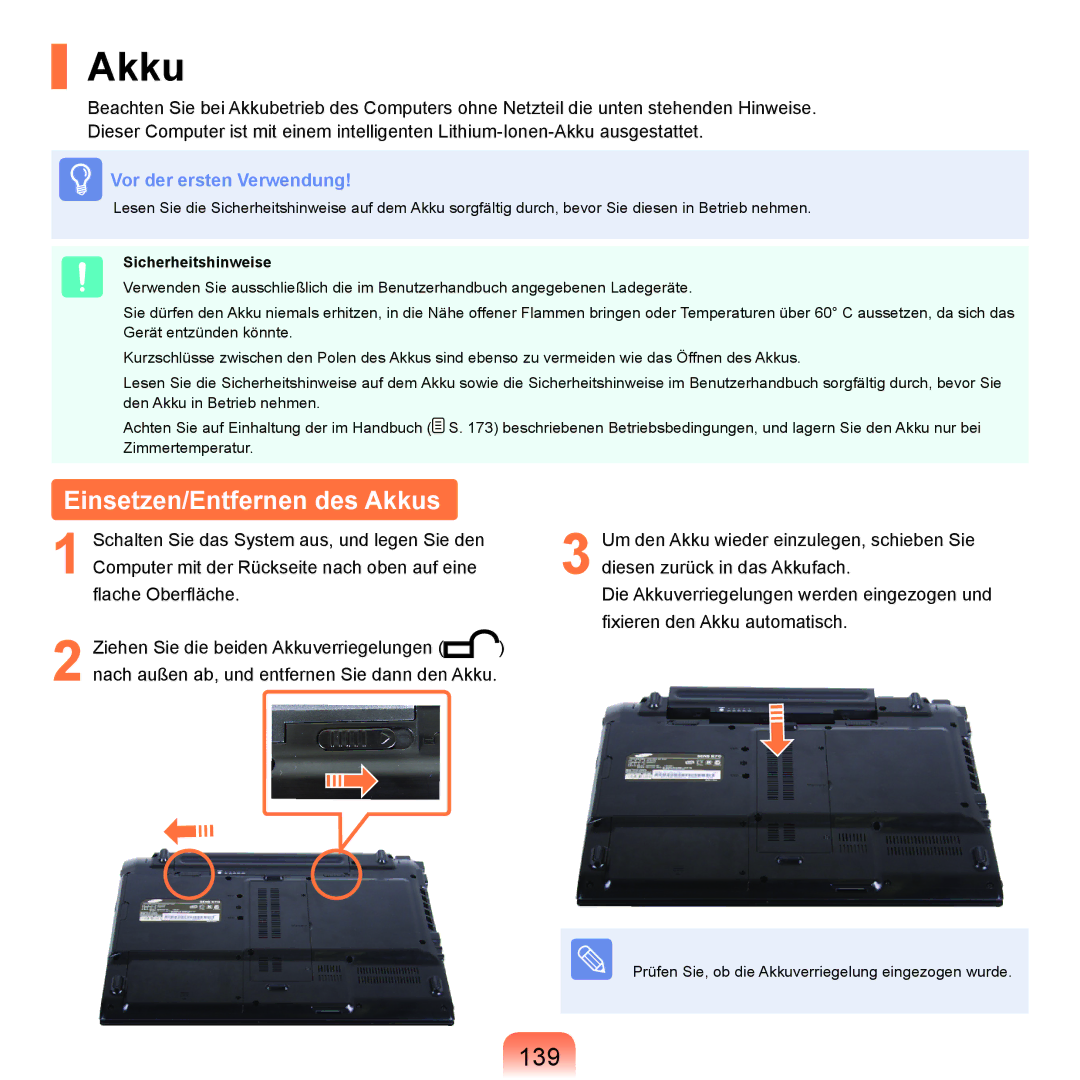 Samsung NP-R70A00C/SEG, NP-R70A004/SEG, NP-R70A00E/SEG, NP-R70A00D/SEG, NP-R70A008/SEG Einsetzen/Entfernen des Akkus, 139 