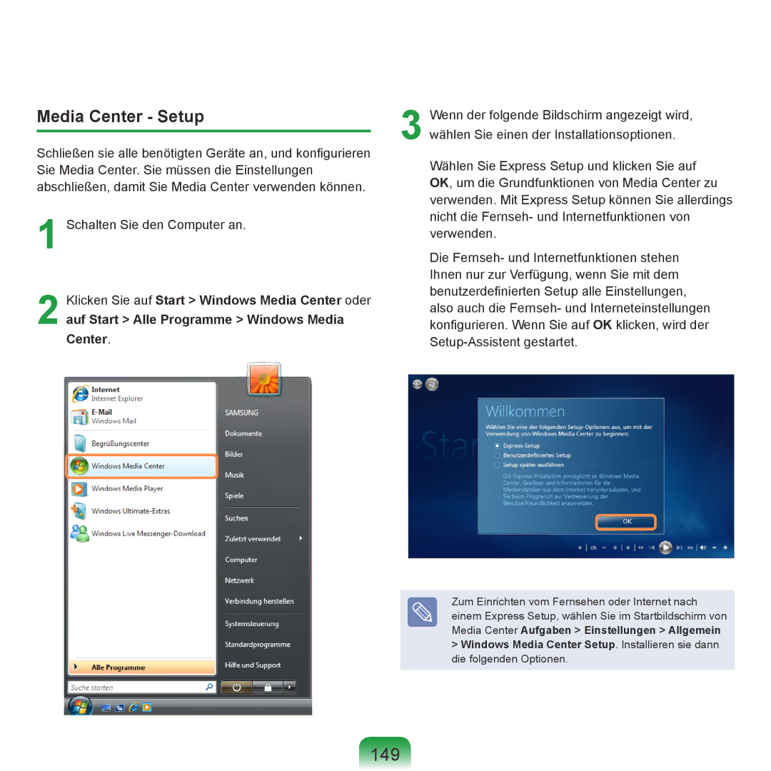 Samsung NP-R70A004/SEG, NP-R70A00E/SEG, NP-R70A00D/SEG, NP-R70A008/SEG, NP-R70A009/SEG, NP-R70A00C/SEG 149, Media Center Setup 