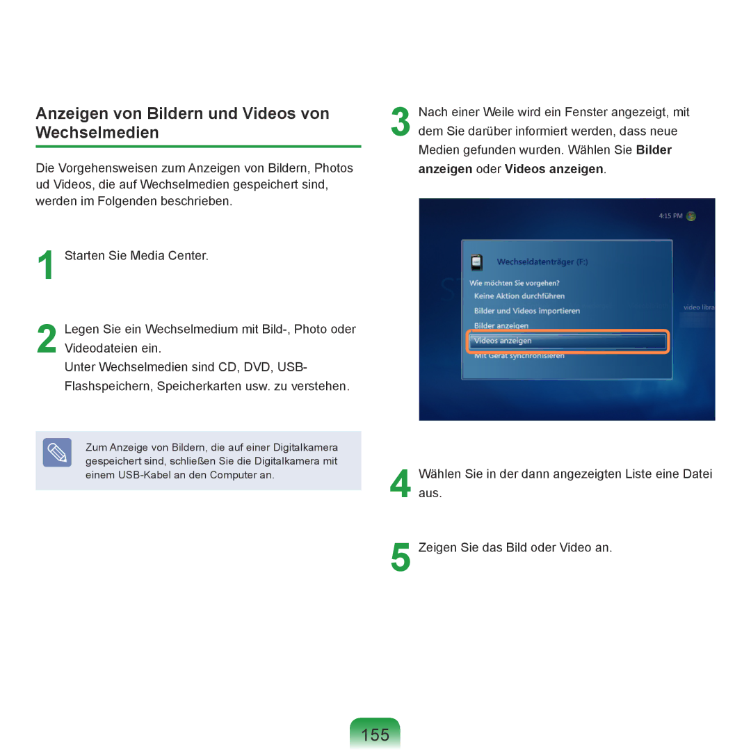 Samsung NP-R70A00B/SEG, NP-R70A004/SEG, NP-R70A00E/SEG manual 155, Anzeigen von Bildern und Videos von Wechselmedien 