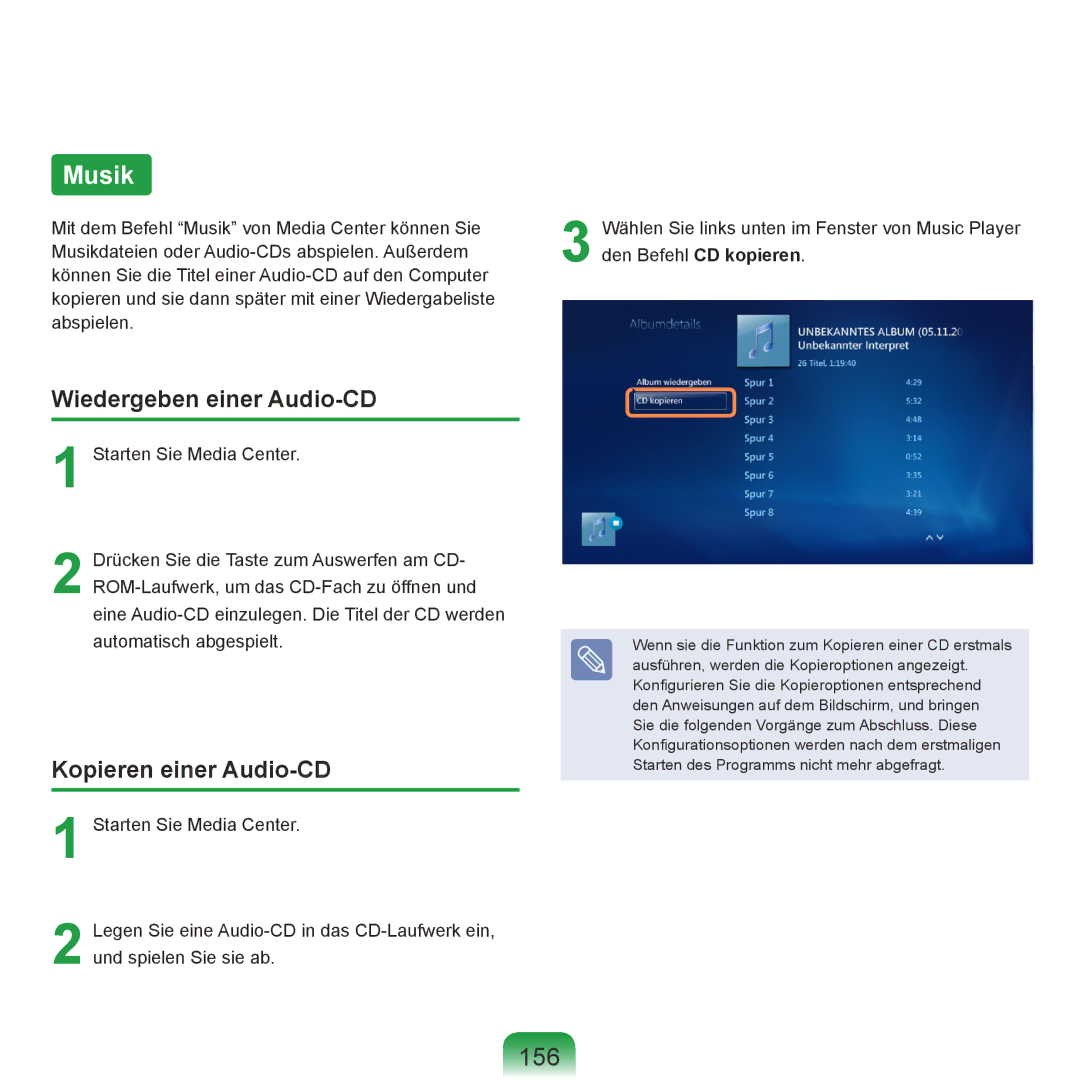 Samsung NP-R70A005/SEG, NP-R70A004/SEG, NP-R70A00E/SEG, NP-R70A00D/SEG, NP-R70A008/SEG Musik, 156, Kopieren einer Audio-CD 
