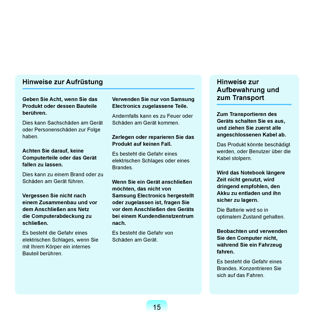 Samsung NP-R70A00E/SEG, NP-R70A004/SEG, NP-R70A00D/SEG Hinweise zur Aufrüstung Hinweise zur Aufbewahrung und, Zum Transport 