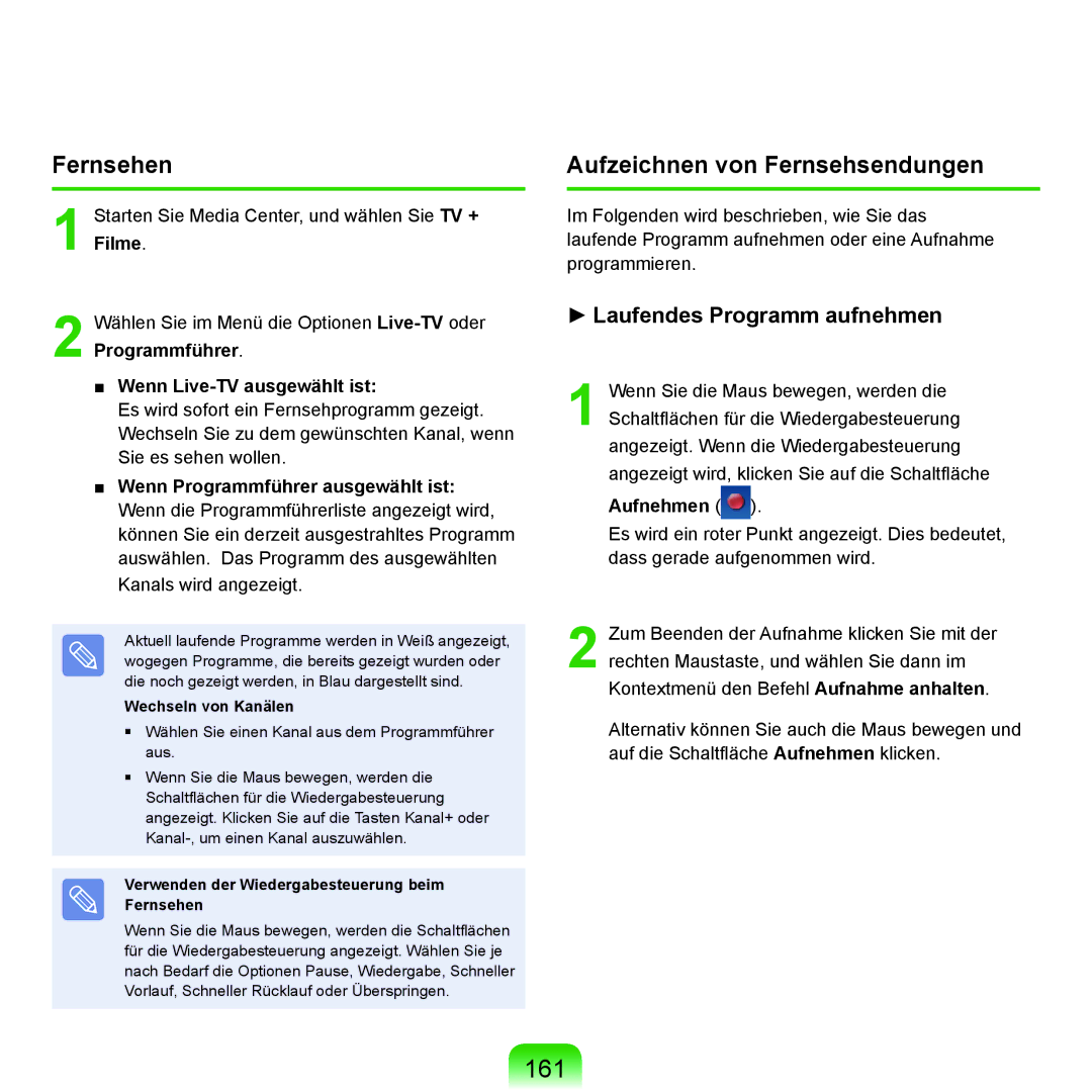 Samsung NP-R70A00A/SEG, NP-R70A004/SEG manual 161, Aufzeichnen von Fernsehsendungen, Wenn Live-TV ausgewählt ist, Aufnehmen 