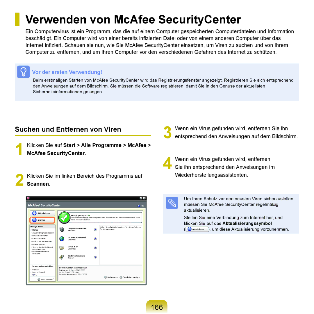 Samsung NP-R70A00D/SEG, NP-R70A004/SEG manual Verwenden von McAfee SecurityCenter, 166, Suchen und Entfernen von Viren 