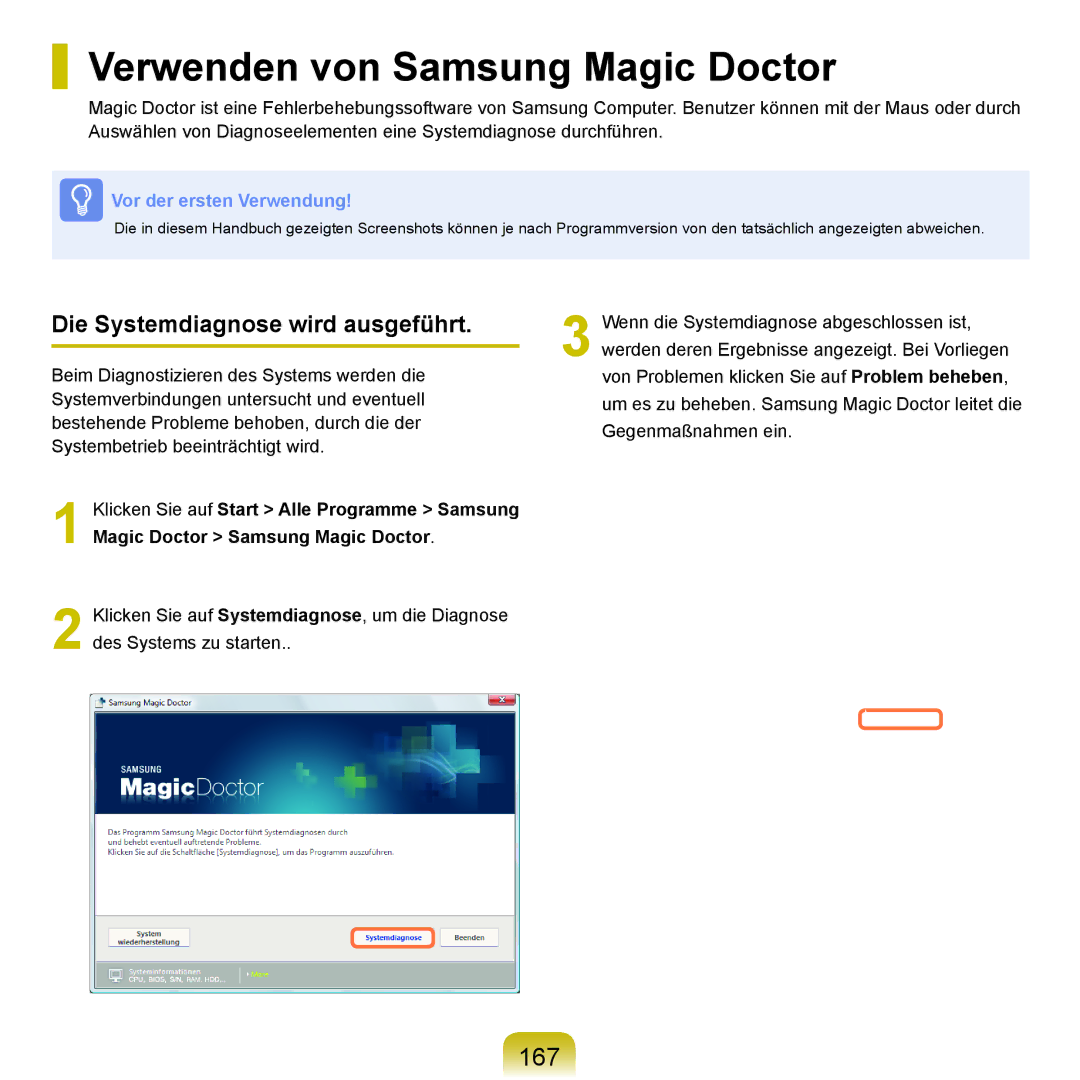 Samsung NP-R70A008/SEG, NP-R70A004/SEG manual Verwenden von Samsung Magic Doctor, 167, Die Systemdiagnose wird ausgeführt 