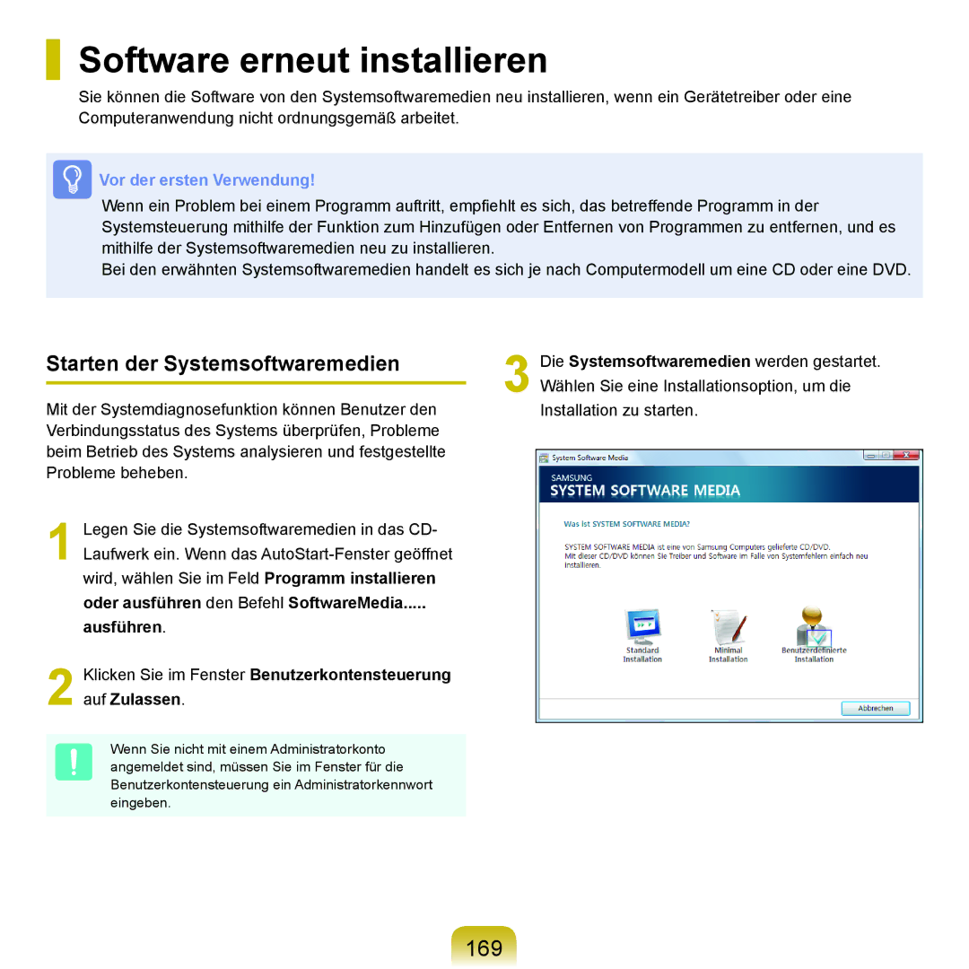 Samsung NP-R70A00C/SEG, NP-R70A004/SEG manual Software erneut installieren, 169, Starten der Systemsoftwaremedien, Ausführen 