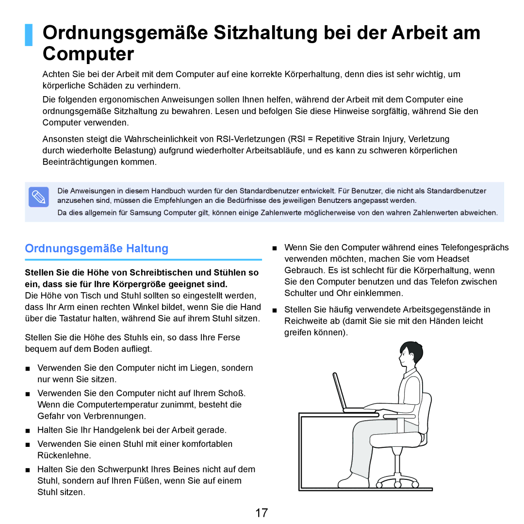 Samsung NP-R70A008/SEG, NP-R70A004/SEG manual Ordnungsgemäße Sitzhaltung bei der Arbeit am Computer, Ordnungsgemäße Haltung 