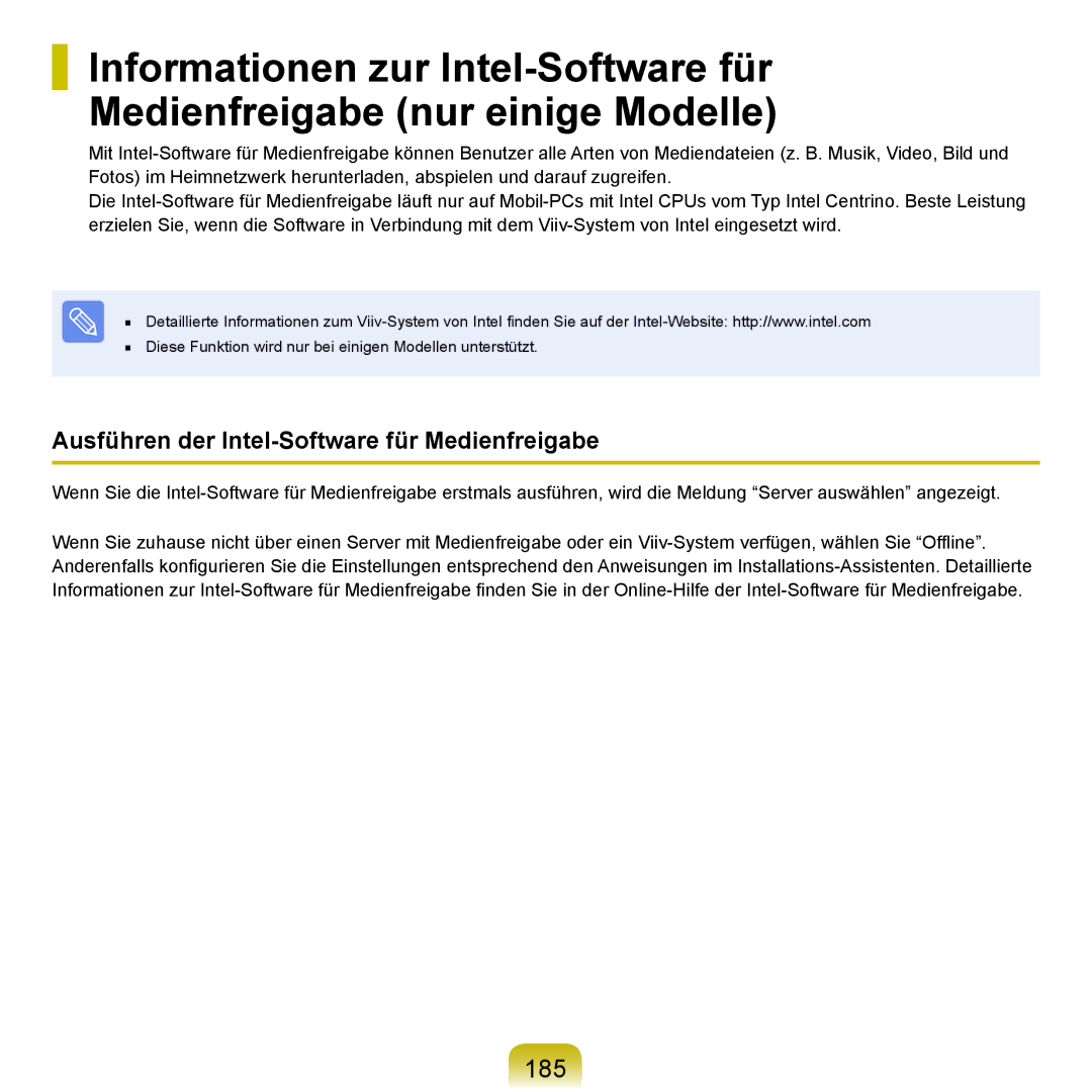 Samsung NP-R70A00B/SEG, NP-R70A004/SEG, NP-R70A00E/SEG, NP-R70A00D/SEG 185, Ausführen der Intel-Software für Medienfreigabe 