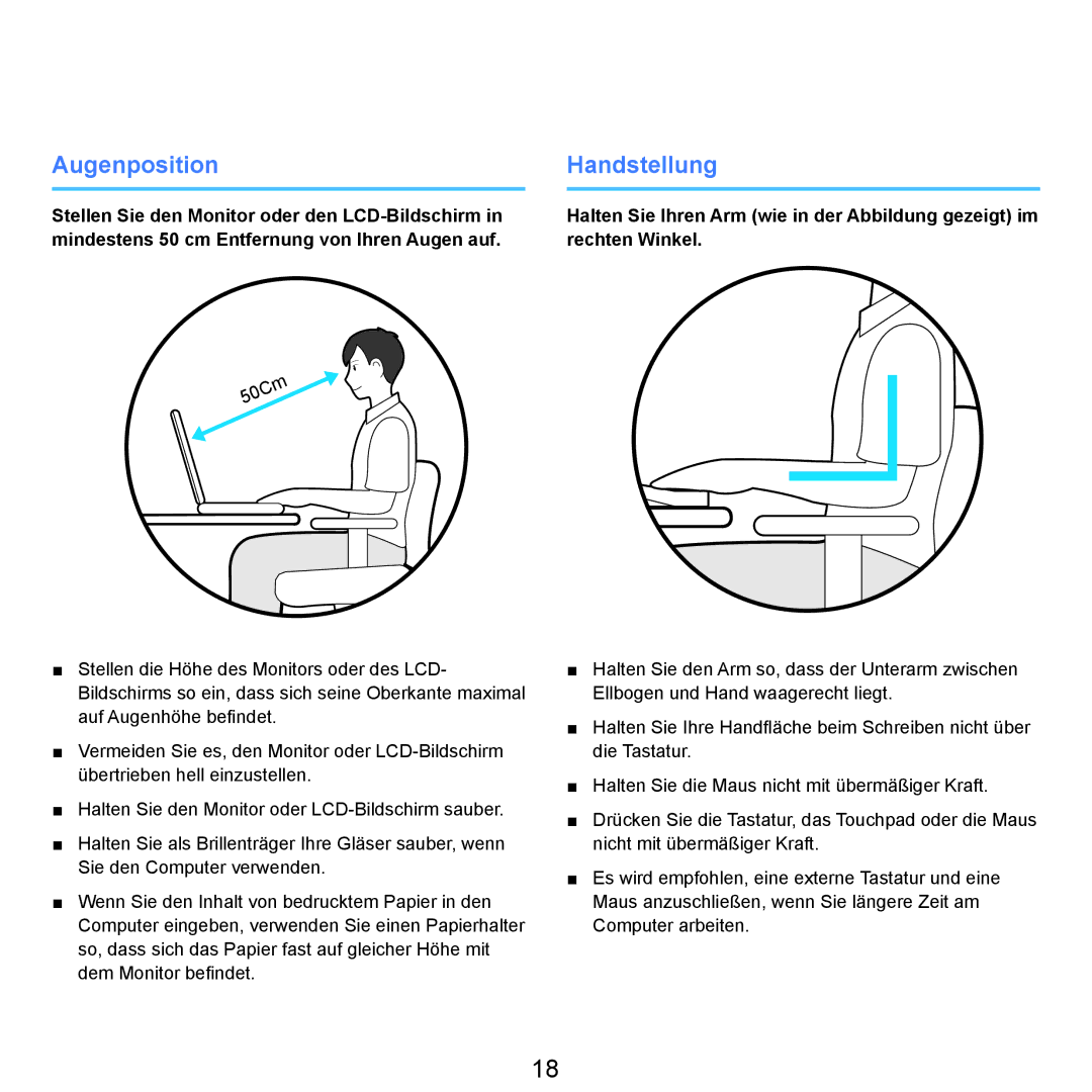 Samsung NP-R70A009/SEG, NP-R70A004/SEG, NP-R70A00E/SEG, NP-R70A00D/SEG, NP-R70A008/SEG manual Augenposition, Handstellung 