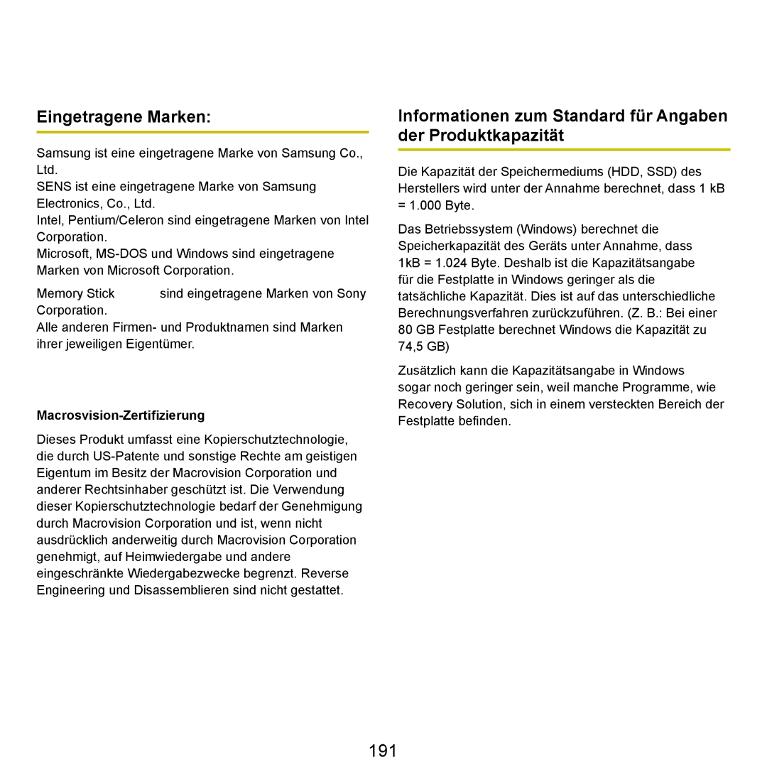 Samsung NP-R70A00A/SEG manual 191, Eingetragene Marken, Informationen zum Standard für Angaben der Produktkapazität 