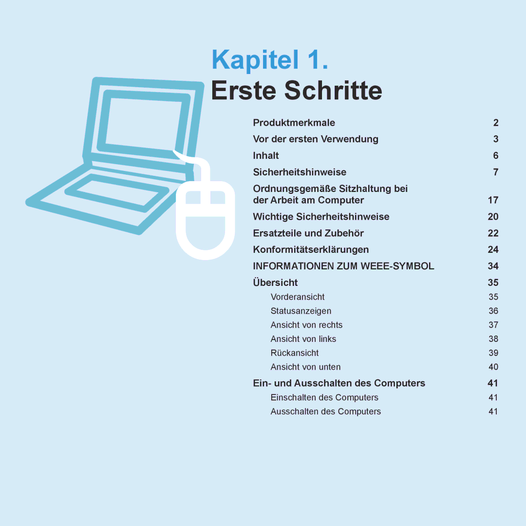 Samsung NP-R70A00D/SEG, NP-R70A004/SEG, NP-R70A00E/SEG manual Kapitel, Einschalten des Computers Ausschalten des Computers 