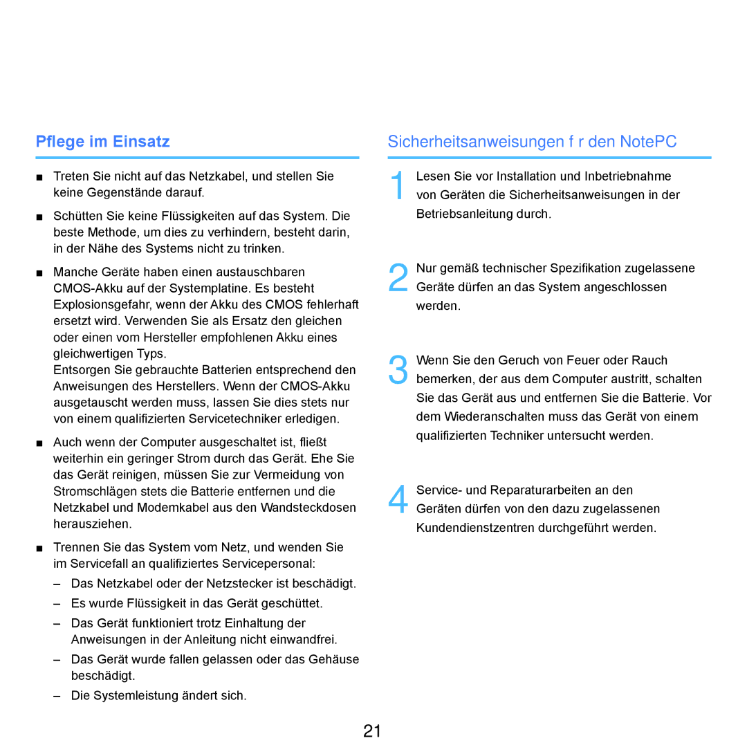 Samsung NP-R70A005/SEG, NP-R70A004/SEG, NP-R70A00E/SEG manual Pflege im Einsatz, Sicherheitsanweisungen für den NotePC 