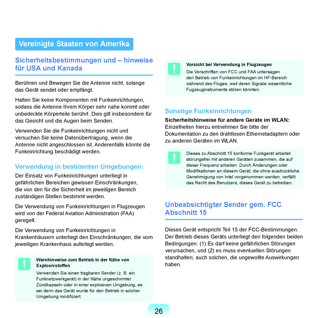 Samsung NP-R70A00A/SEG manual Vereinigte Staaten von Amerika, Sicherheitsbestimmungen und hinweise für USA und Kanada 