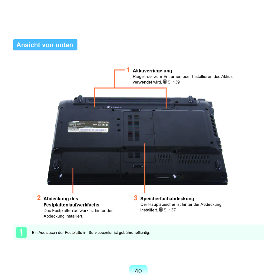 Samsung NP-R70A001/SEG Ansicht von unten, Akkuverriegelung, Abdeckung des Festplattenlaufwerkfachs, Speicherfachabdeckung 