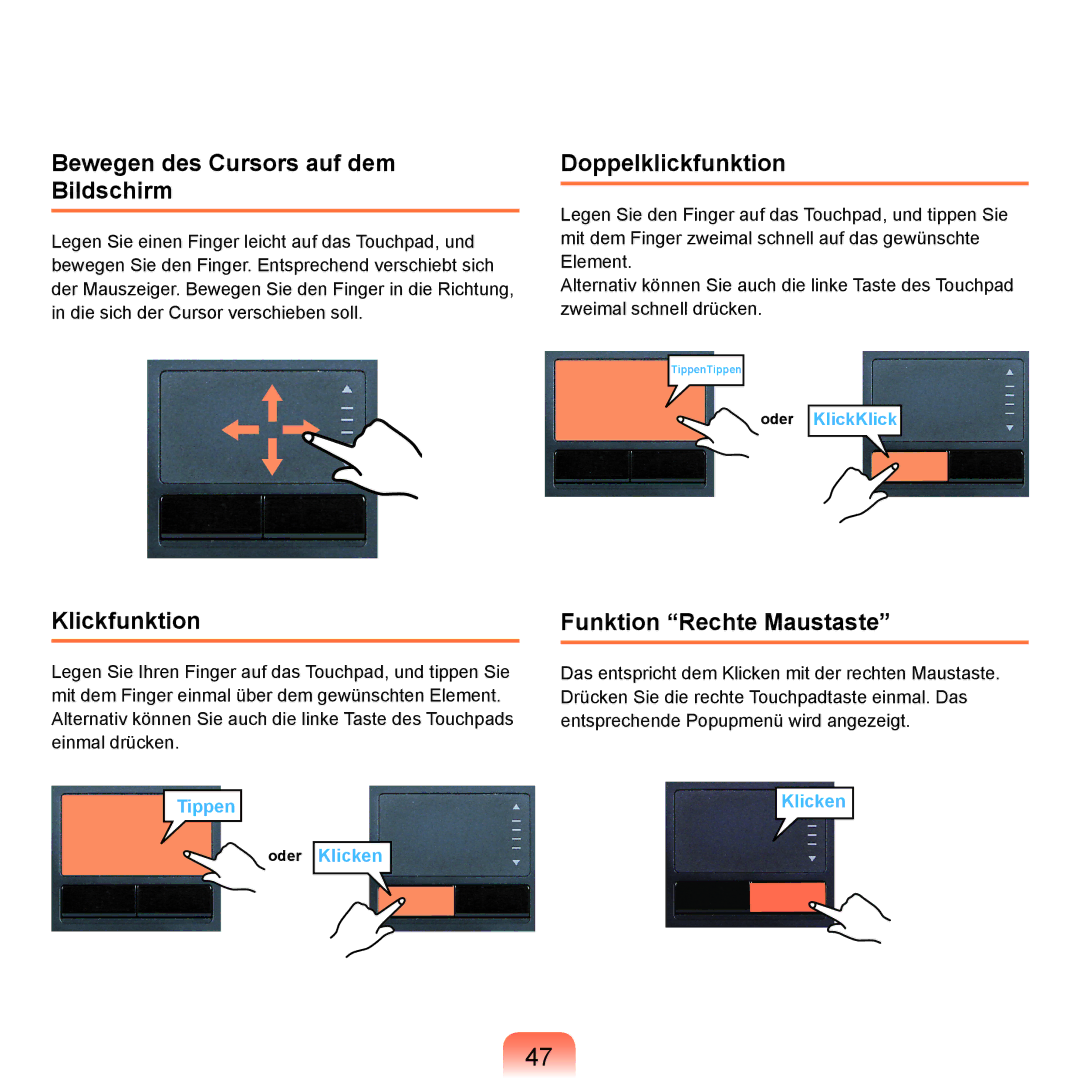 Samsung NP-R70A008/SEG, NP-R70A004/SEG manual Bewegen des Cursors auf dem Bildschirm, Doppelklickfunktion, Klickfunktion 
