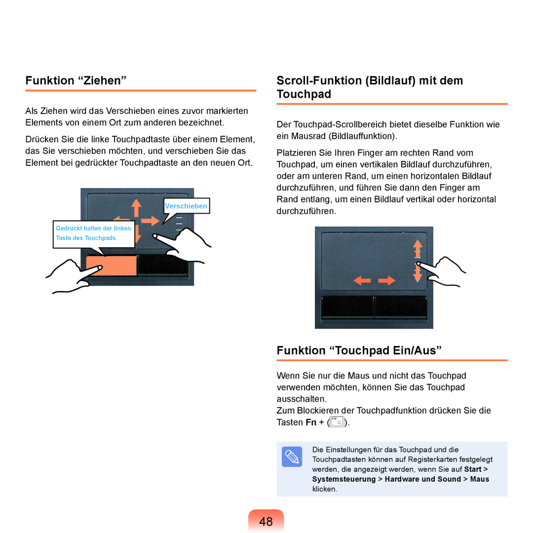 Samsung NP-R70A009/SEG manual Funktion Ziehen, Scroll-Funktion Bildlauf mit dem Touchpad, Funktion Touchpad Ein/Aus 