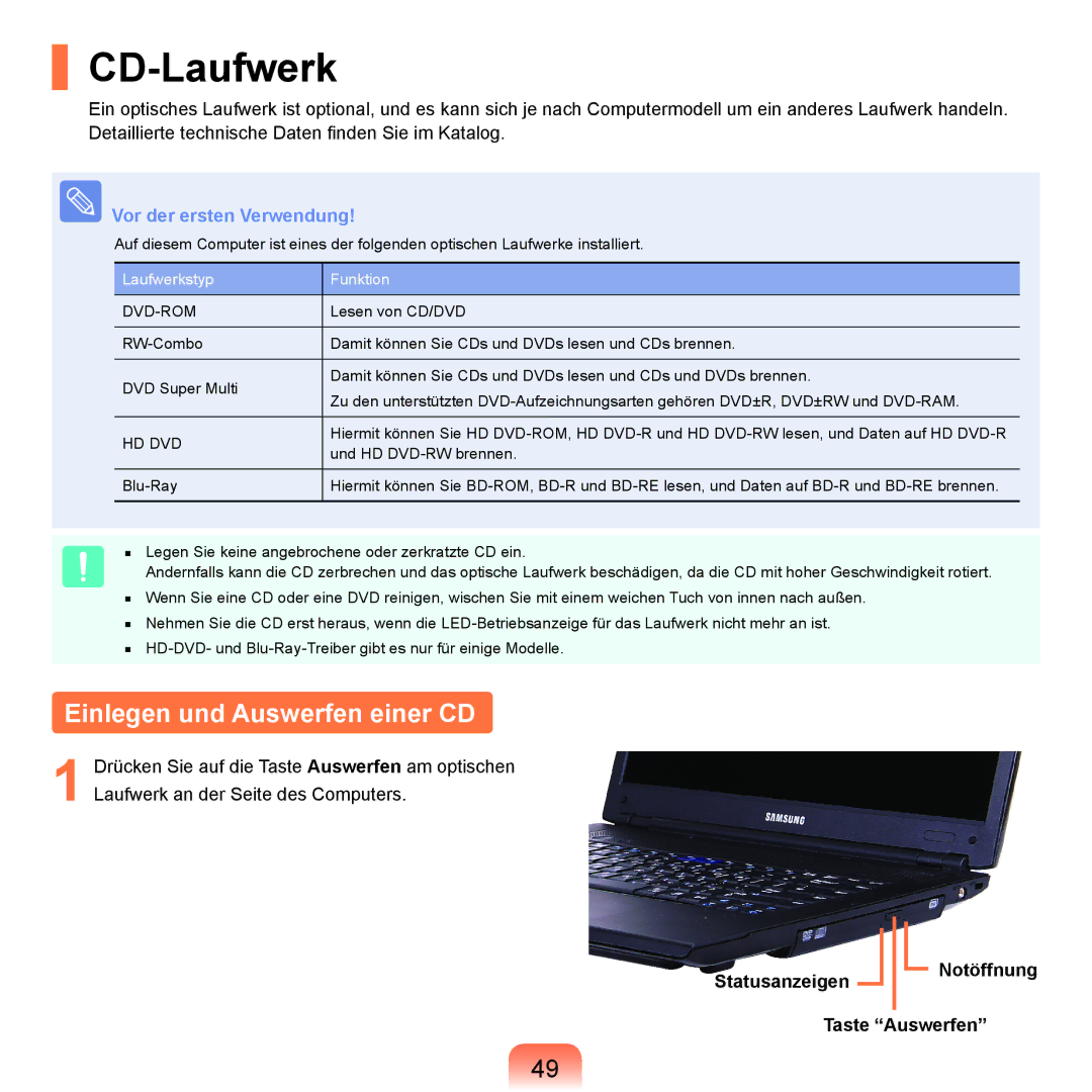 Samsung NP-R70A00C/SEG manual CD-Laufwerk, Einlegen und Auswerfen einer CD, Statusanzeigen Notöffnung Taste Auswerfen 