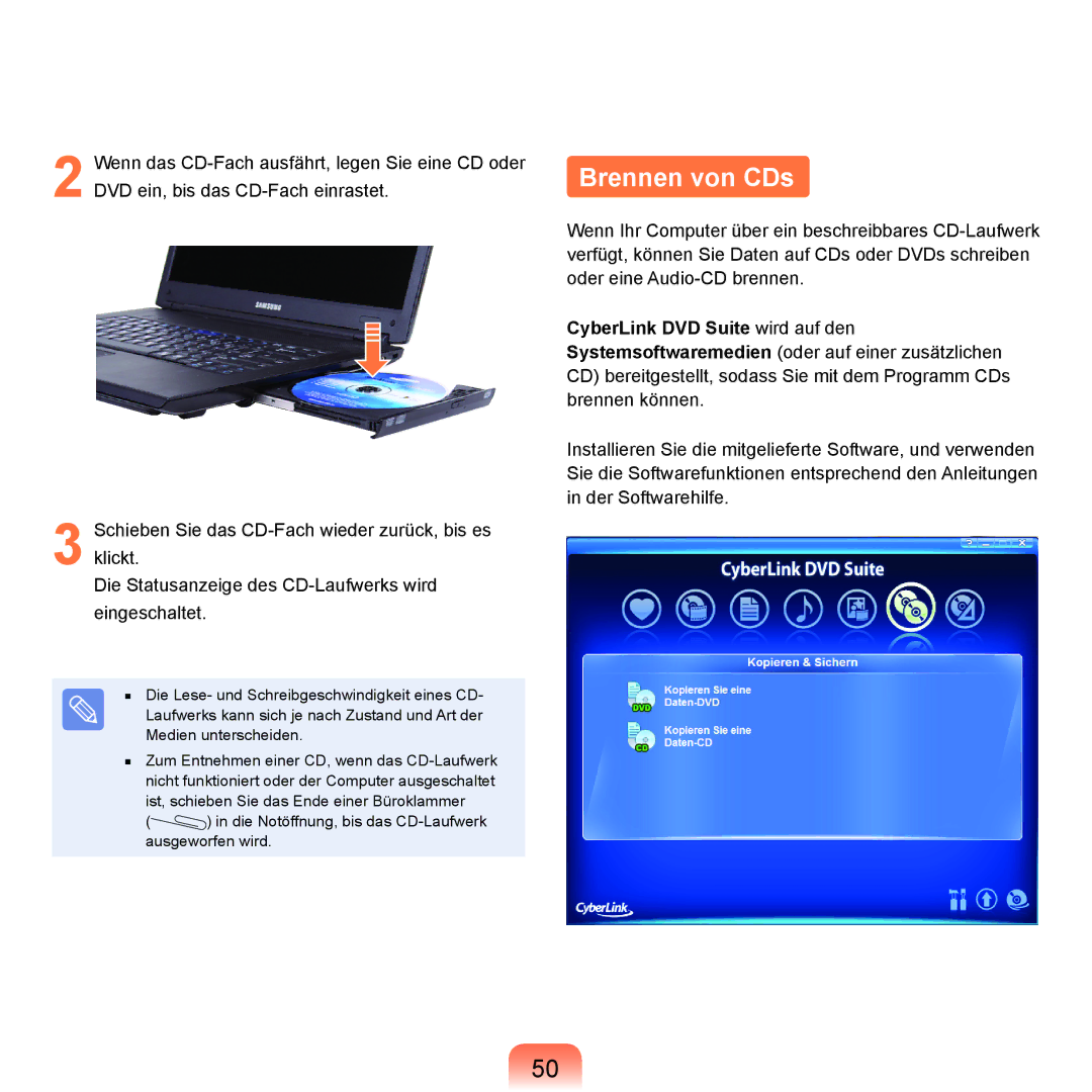 Samsung NP-R70A00B/SEG, NP-R70A004/SEG, NP-R70A00E/SEG, NP-R70A00D/SEG, NP-R70A008/SEG, NP-R70A009/SEG manual Brennen von CDs 