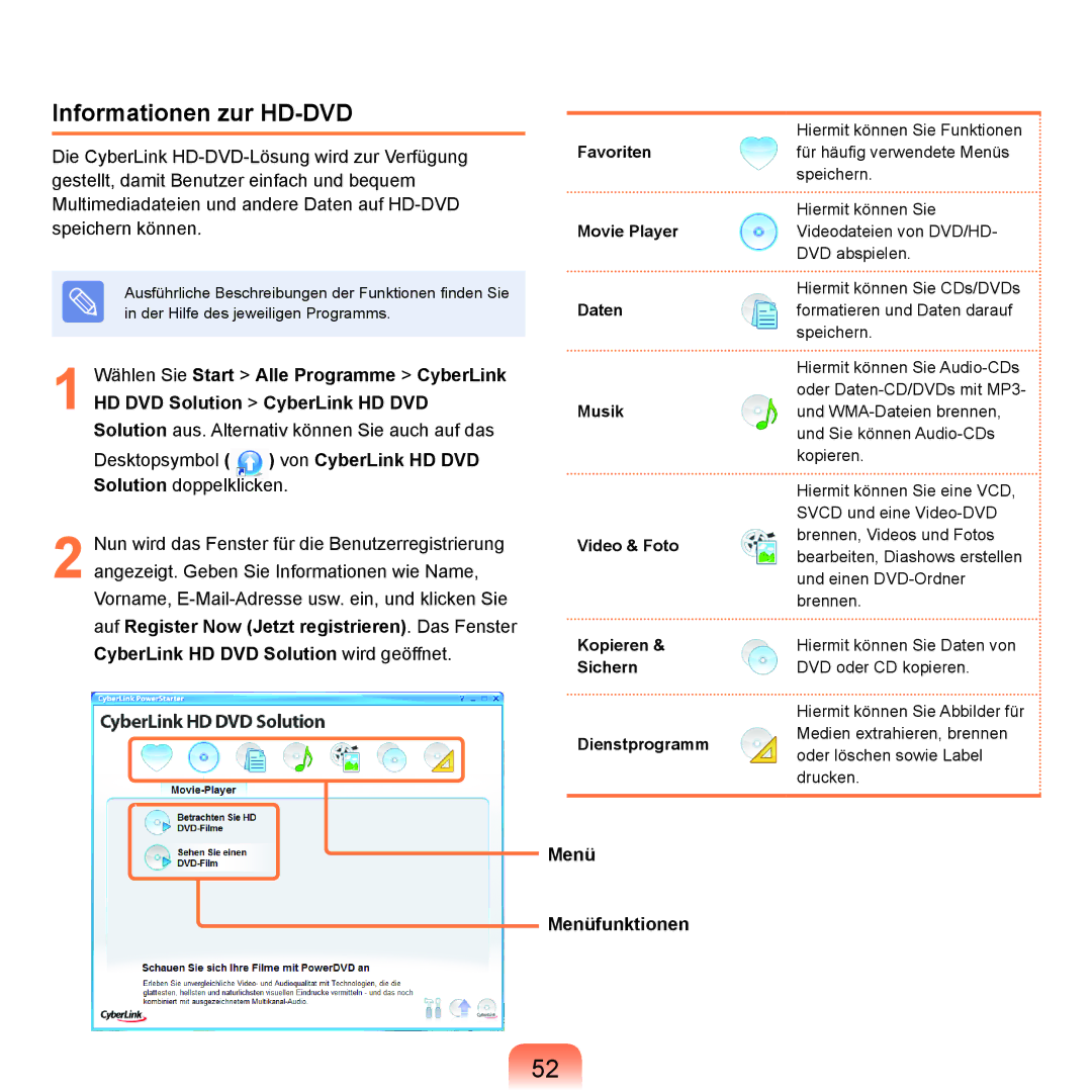 Samsung NP-R70A007/SEG, NP-R70A004/SEG, NP-R70A00E/SEG, NP-R70A00D/SEG manual Informationen zur HD-DVD, Menü Menüfunktionen 