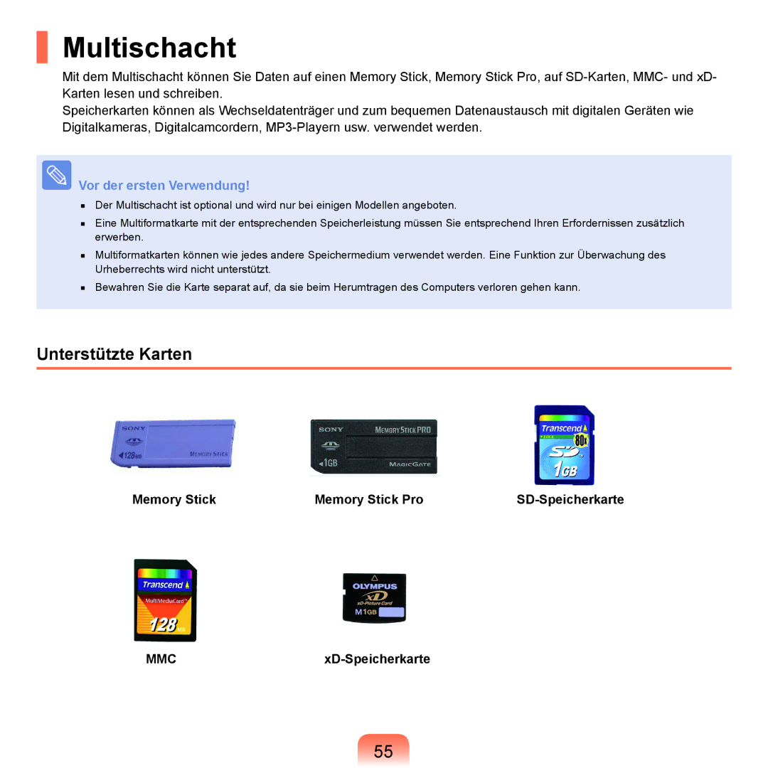 Samsung NP-R70A001/SEG, NP-R70A004/SEG, NP-R70A00E/SEG, NP-R70A00D/SEG, NP-R70A008/SEG manual Multischacht, Unterstützte Karten 