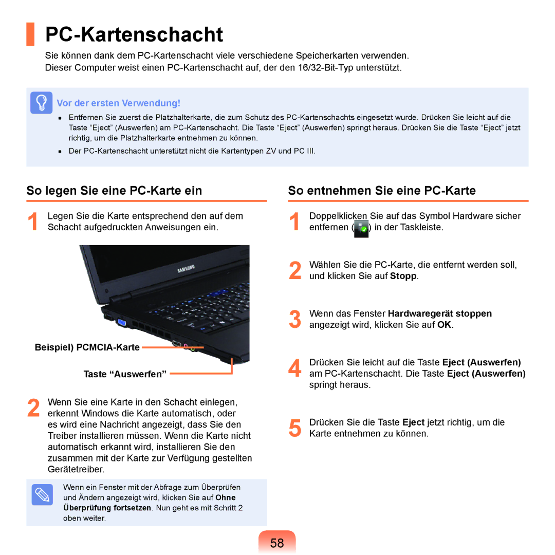 Samsung NP-R70A000/SEG, NP-R70A004/SEG PC-Kartenschacht, So legen Sie eine PC-Karte ein, So entnehmen Sie eine PC-Karte 