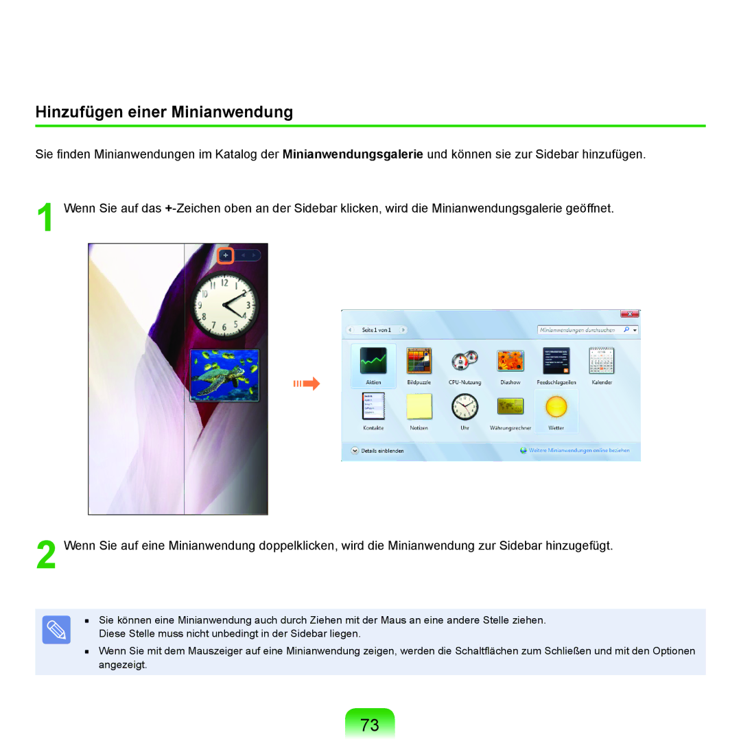 Samsung NP-R70A000/SEG, NP-R70A004/SEG, NP-R70A00E/SEG, NP-R70A00D/SEG, NP-R70A008/SEG manual Hinzufügen einer Minianwendung 