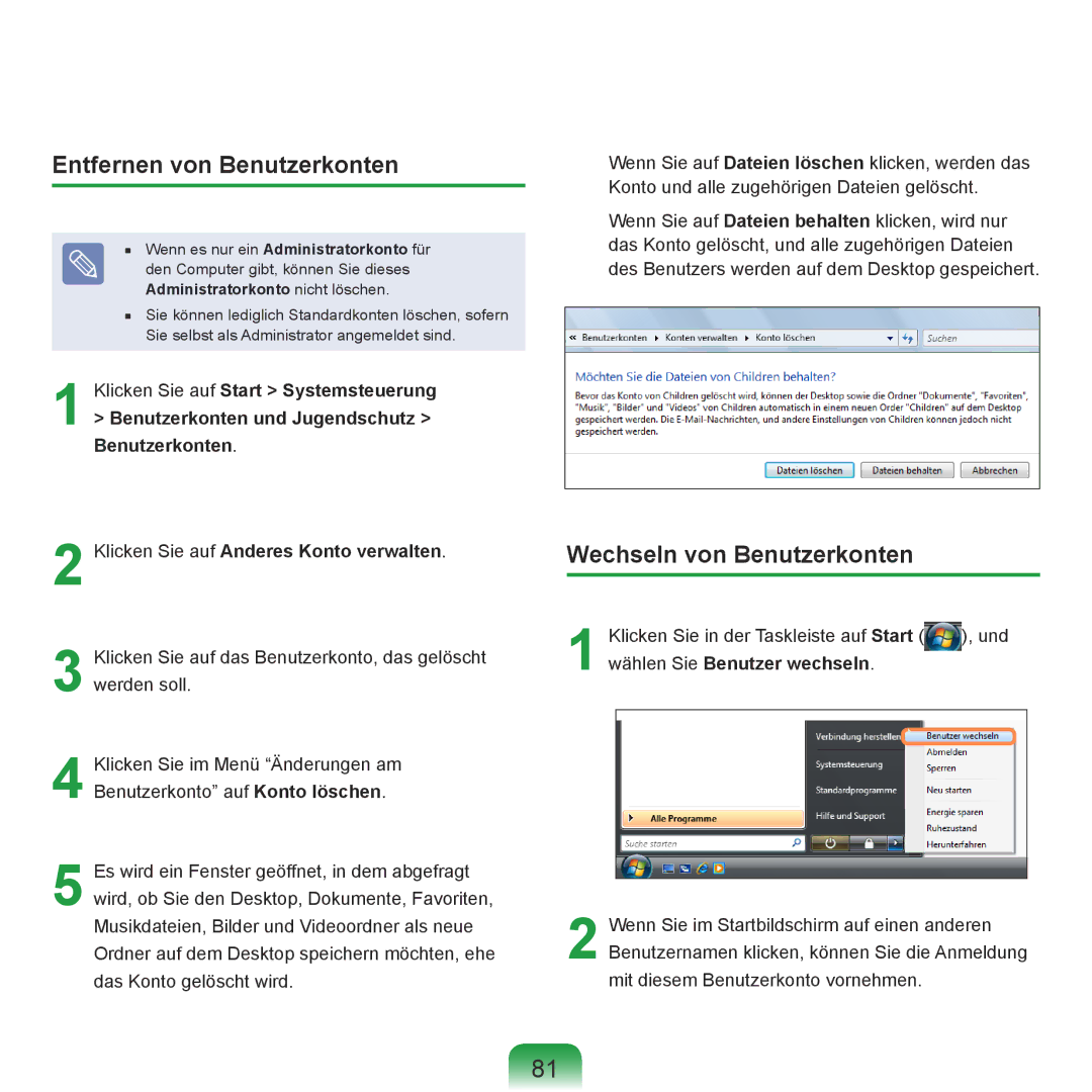 Samsung NP-R70A005/SEG, NP-R70A004/SEG, NP-R70A00E/SEG manual Entfernen von Benutzerkonten, Wechseln von Benutzerkonten 