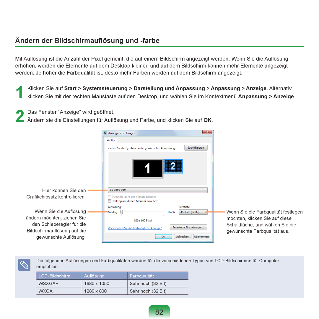 Samsung NP-R70A007/SEG, NP-R70A004/SEG, NP-R70A00E/SEG, NP-R70A00D/SEG manual Ändern der Bildschirmauflösung und -farbe 