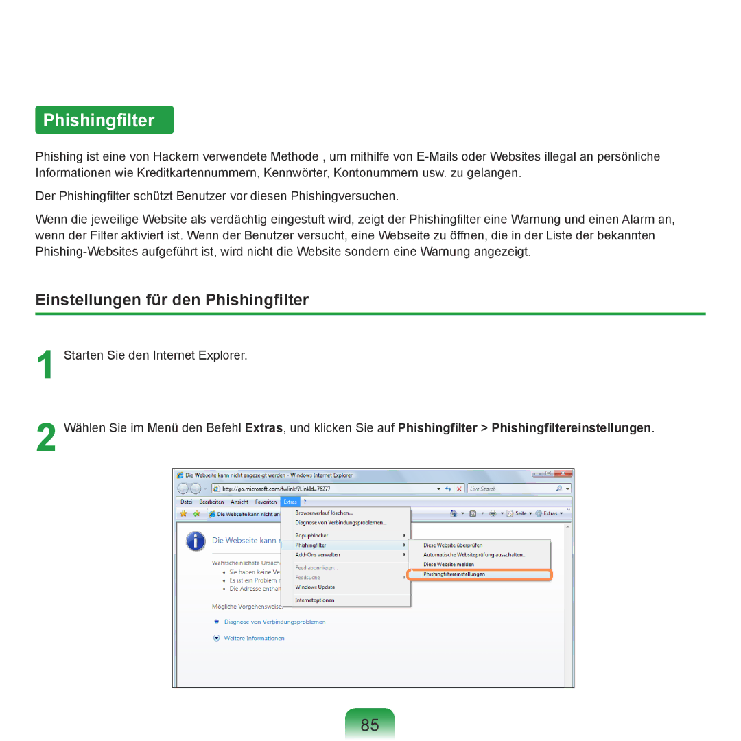 Samsung NP-R70A001/SEG, NP-R70A004/SEG, NP-R70A00E/SEG, NP-R70A00D/SEG manual Einstellungen für den Phishingfilter 
