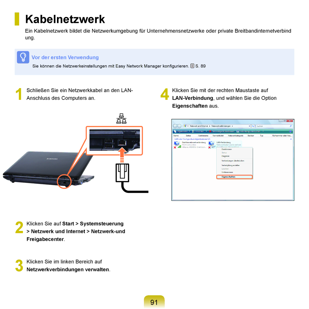 Samsung NP-R70A00D/SEG, NP-R70A004/SEG, NP-R70A00E/SEG, NP-R70A008/SEG, NP-R70A009/SEG manual Kabelnetzwerk, Eigenschaften aus 