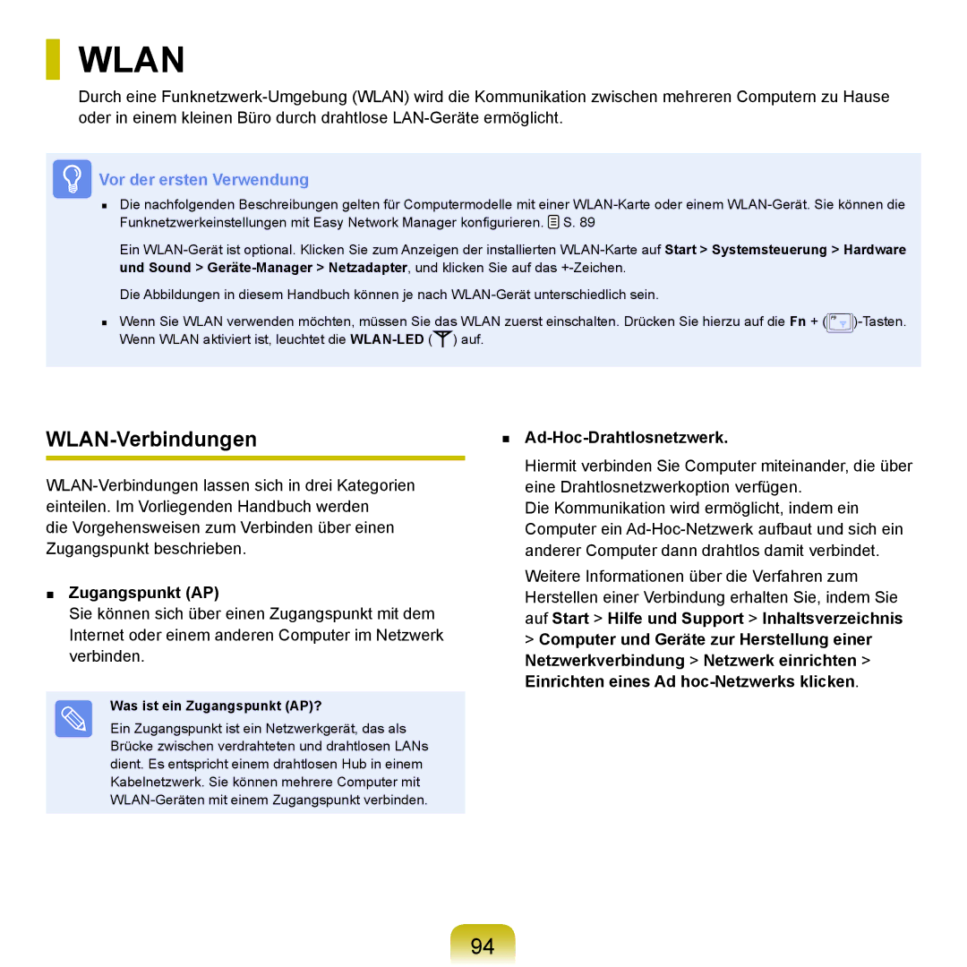 Samsung NP-R70A00C/SEG, NP-R70A004/SEG manual WLAN-Verbindungen, Ad-Hoc-Drahtlosnetzwerk, Was ist ein Zugangspunkt AP? 