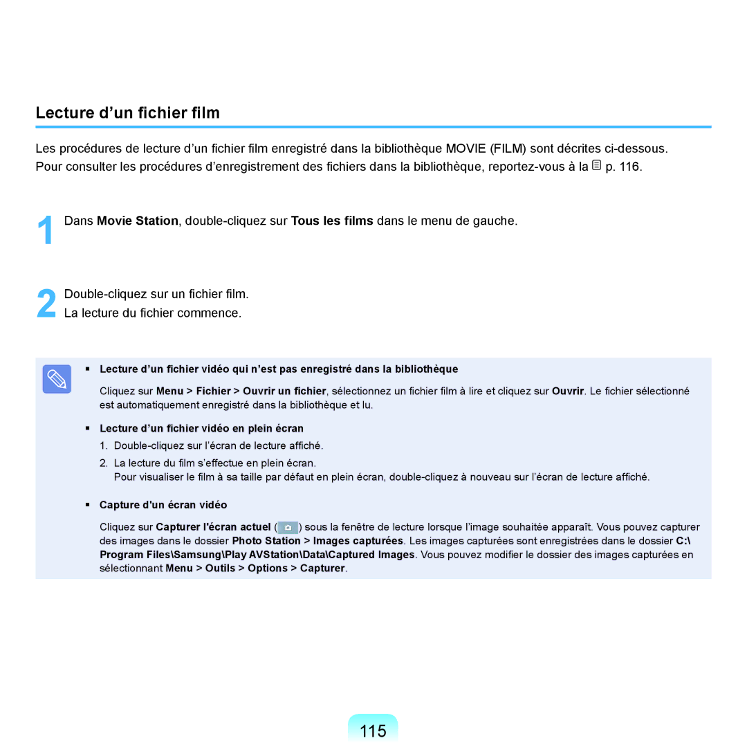 Samsung NP-R70A004/SEF 115, Lecture d’un fichier film, Lecture d’un fichier vidéo en plein écran, Capture dun écran vidéo 