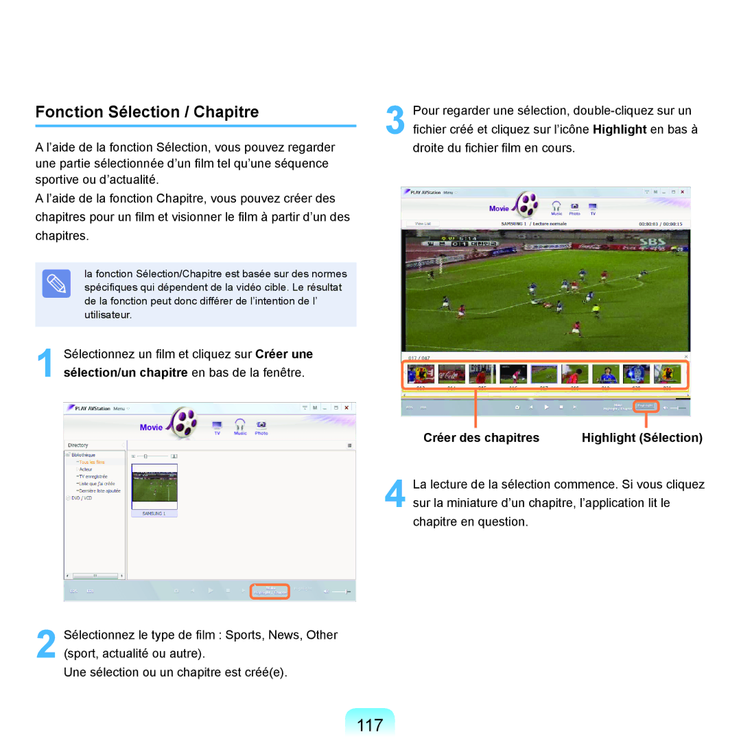 Samsung NP-R70A002/SEF, NP-R70A007/SEF manual 117, Fonction Sélection / Chapitre, Créer des chapitres Highlight Sélection 